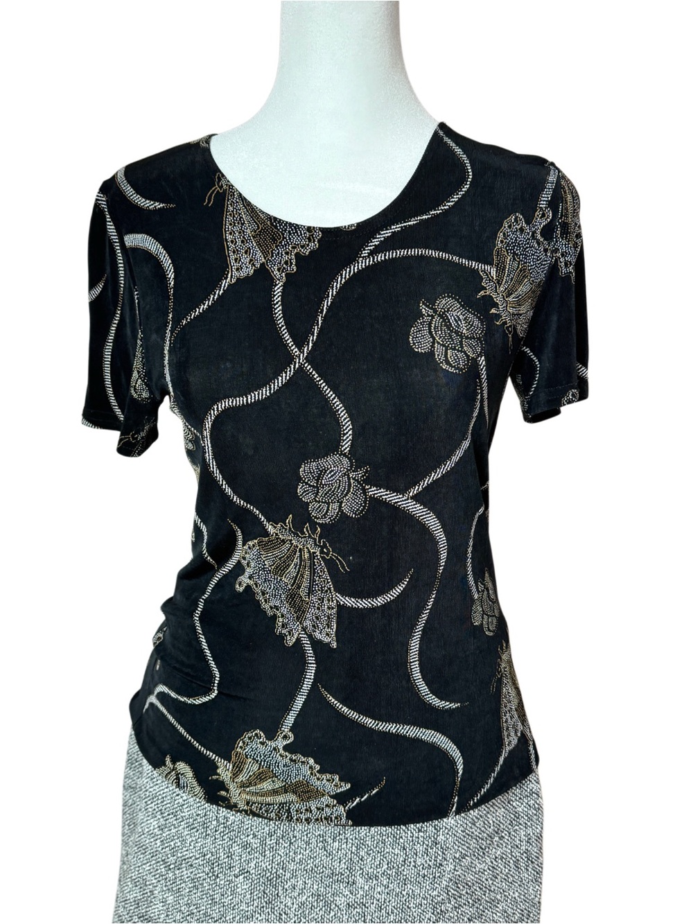 Christine Gerard Vintage Black Gold Butterfly Floral Print Top